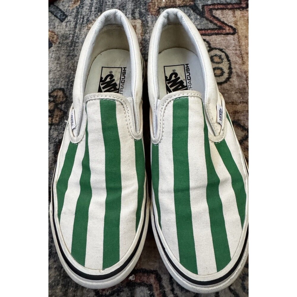 EUC Vans Classic Slip-On 98 DX Anaheim Factory Green White Big Stripes M7 W8.5